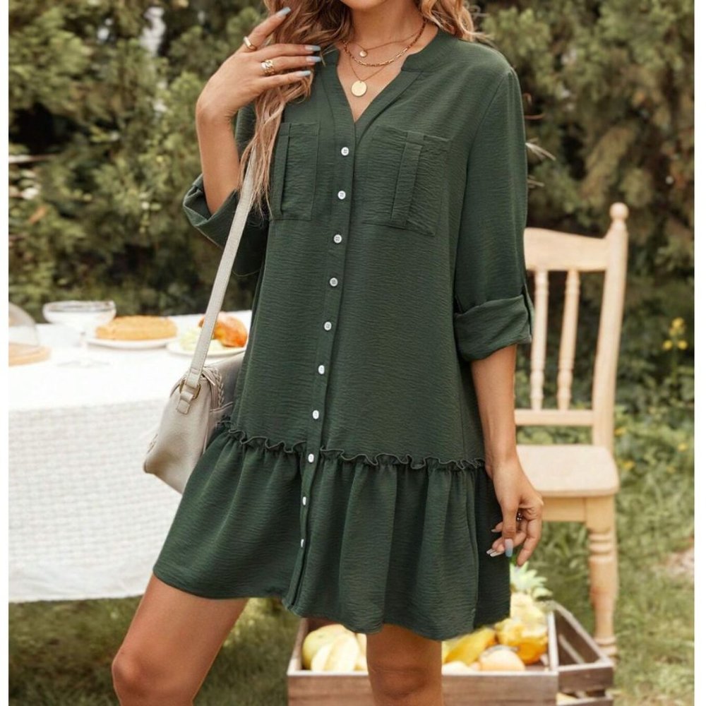 Green Ruffle Hem Smock Dress